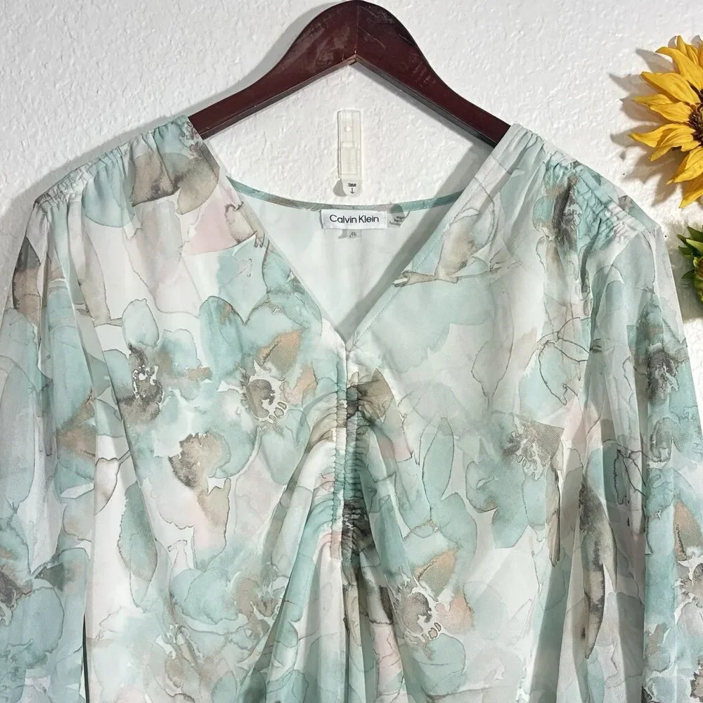 Calvin Klein Water Color Floral Lightweight Blouse Plus Size 2X Women’s
